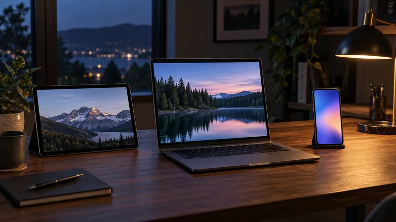 Tablet, notebook e celular sobre mesa, com paisagens e gradiente nas telas.