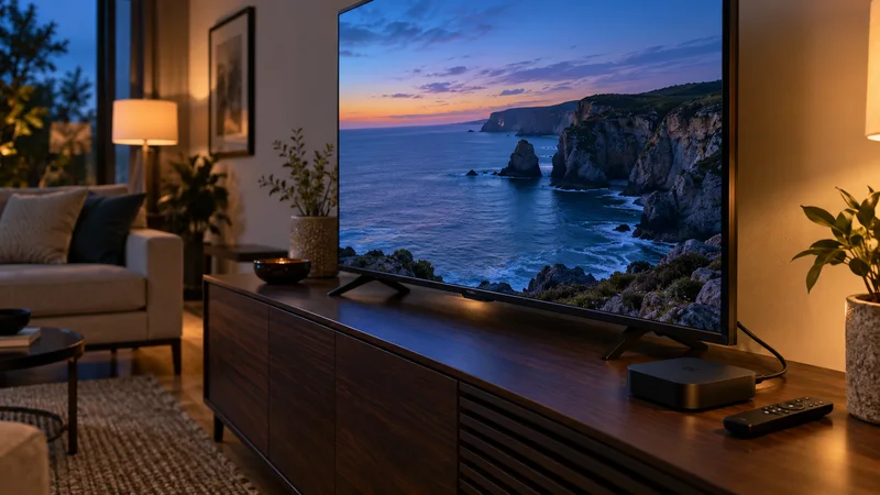 Aparelho de reprodução e controle ao lado de televisão com paisagem costeira.
